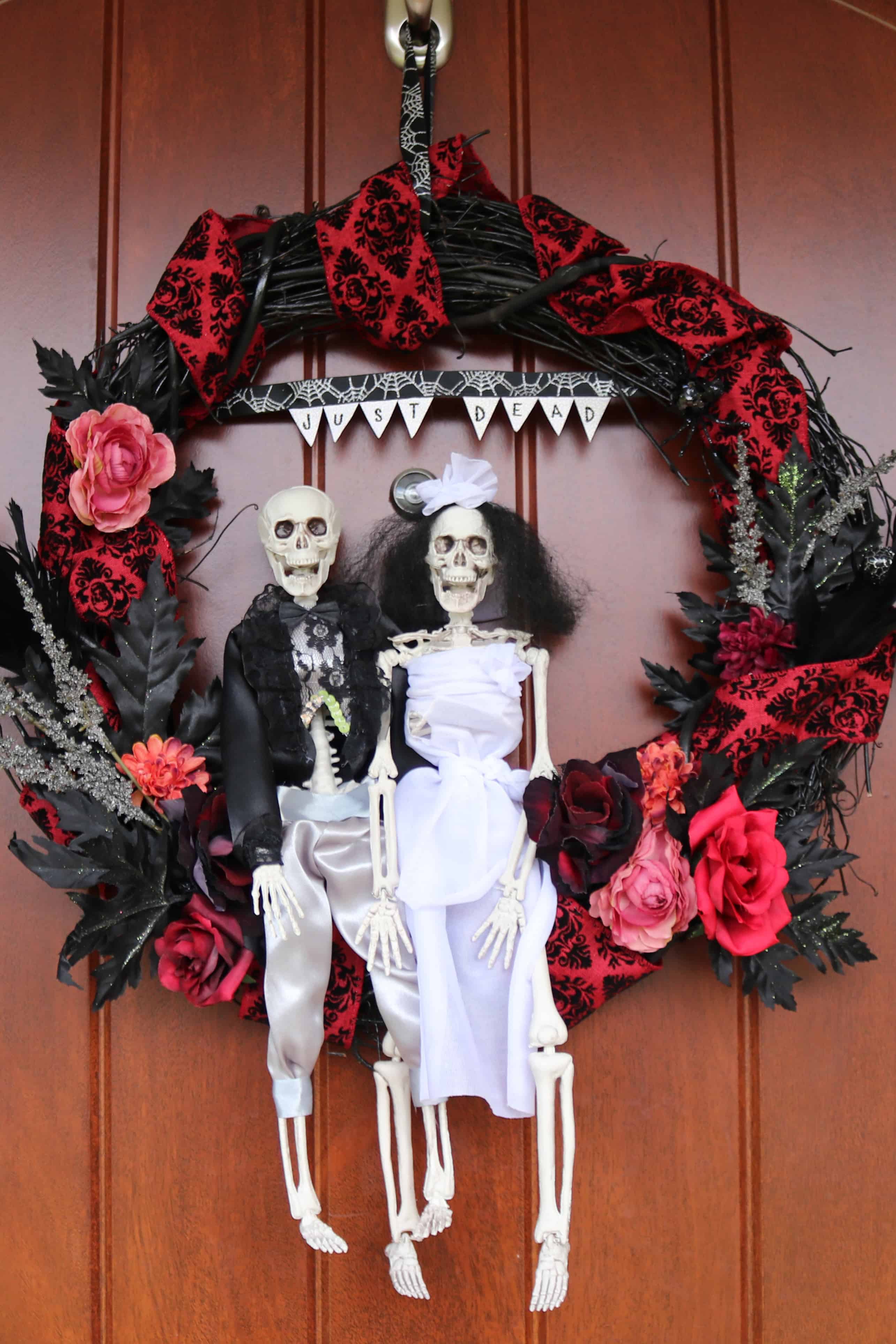 DIY “Just Dead” Skeleton Bride and Groom Halloween Wreath