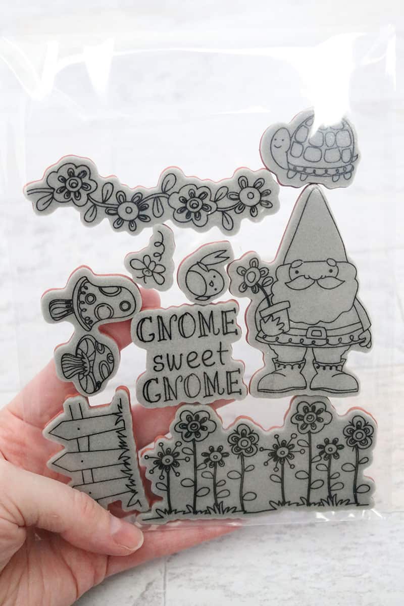 gnome cling stamp set in clear storage sleeve