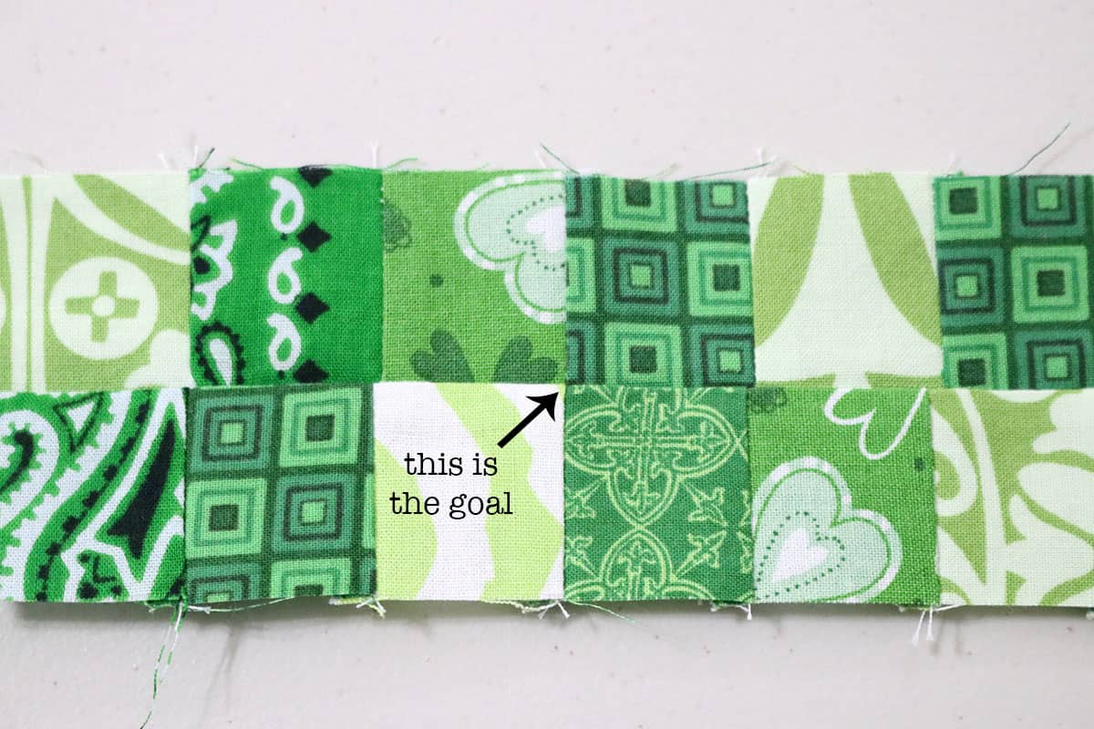 green pieced fabric showing perfect intersection