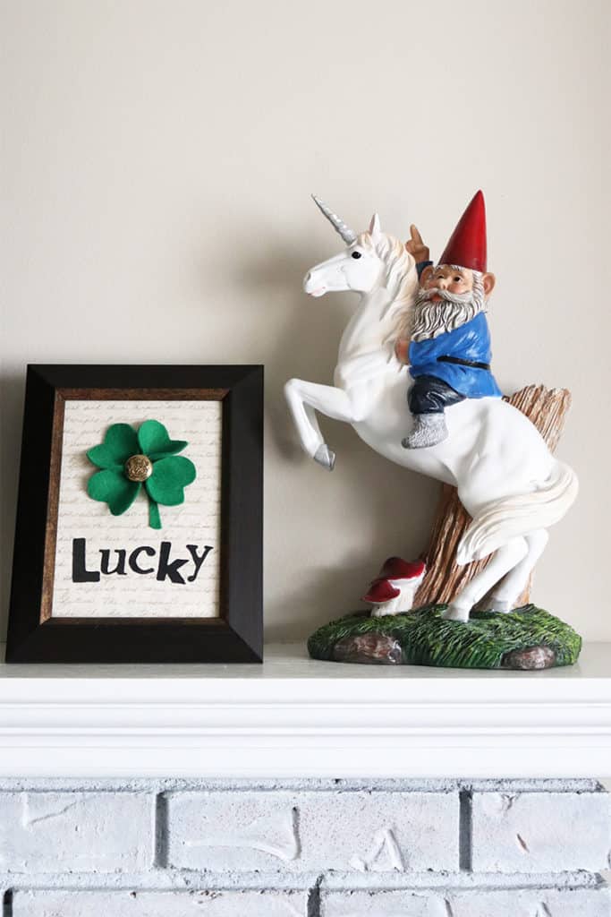 shamrock DIY art and gnome on mantel