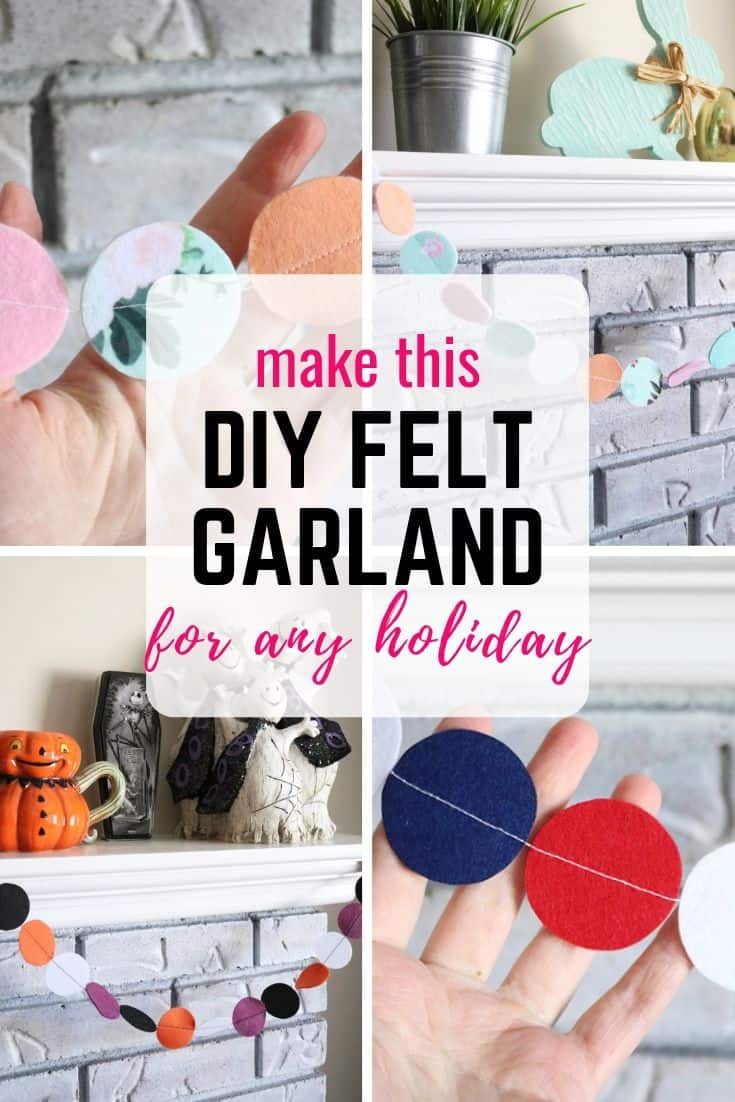 Make an easy felt circle garland for any holiday or event! I use mine as simple mantel decor, but it would be great for DIY party decor, draped across a table runner to accent a centerpiece, or hung from a banister for the holidays. Super easy and cheap beginner sewing project you can make in under an hour!