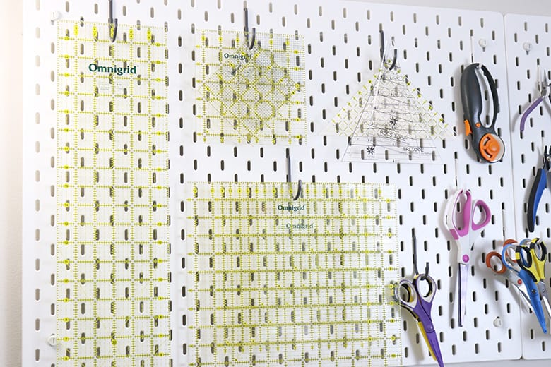 quilting rulers on pegboard