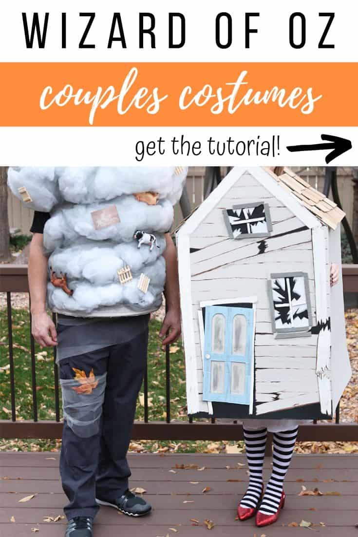 These Wizard of Oz Halloween costumes aren't the typical ones you see over and over! Learn how to make this Wicked Witch of the East and tornado couples costumes--from a box and a laundry hamper! A fun Halloween DIY.
