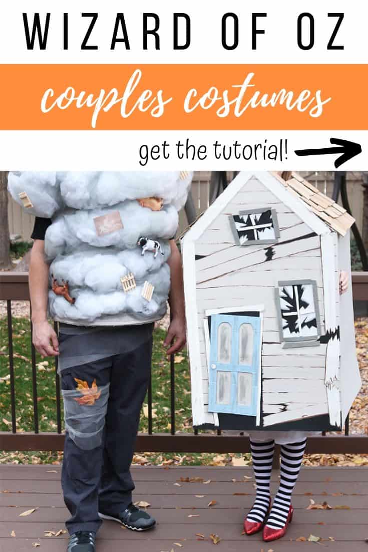 These Wizard of Oz Halloween costumes aren't the typical ones you see over and over! Learn how to make this Wicked Witch of the East and tornado couples costumes--from a box and a laundry hamper! A fun Halloween DIY. 