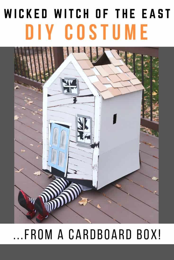 These Wizard of Oz Halloween costumes aren't the typical ones you see over and over! Learn how to make this Wicked Witch of the East and tornado couples costumes--from a box and a laundry hamper! A fun Halloween DIY. 