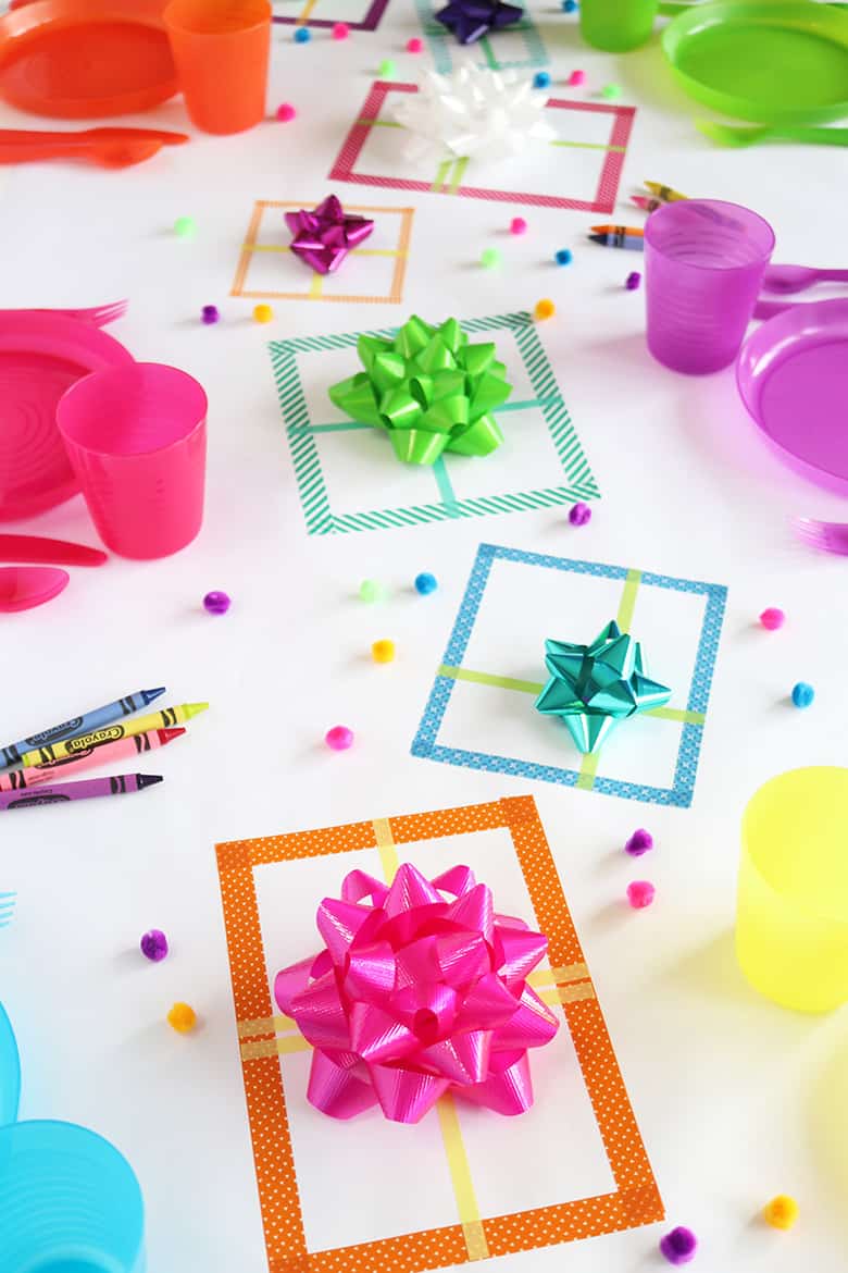 kid-friendlly Christmas tablescape made with stick-on Christmas bows