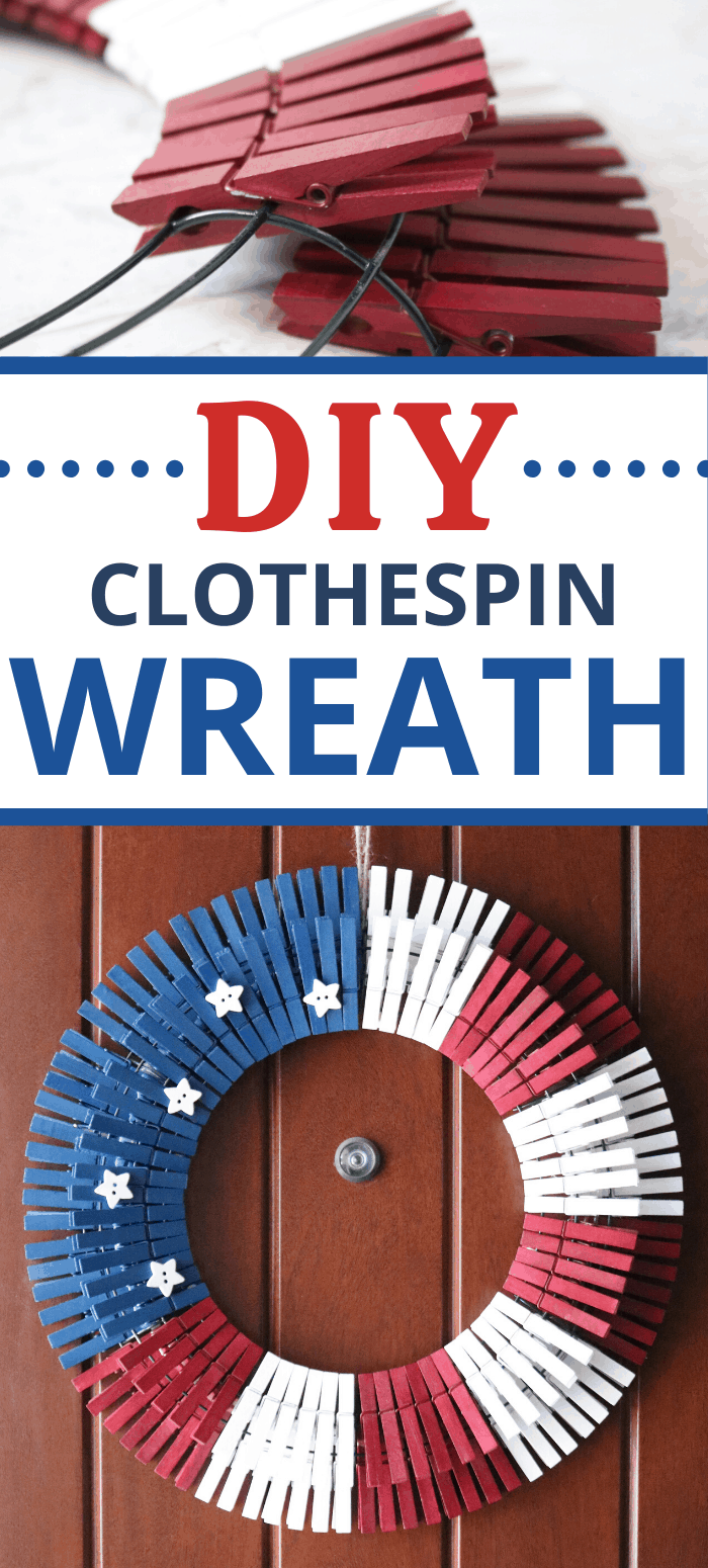 This easy DIY clothespin wreath is the perfect addition to your 4th of July patriotic decor! A wire wreath form, some dollar store clothespins, and a little paint and you'll have a gorgeous red white and blue wreath for your front door!