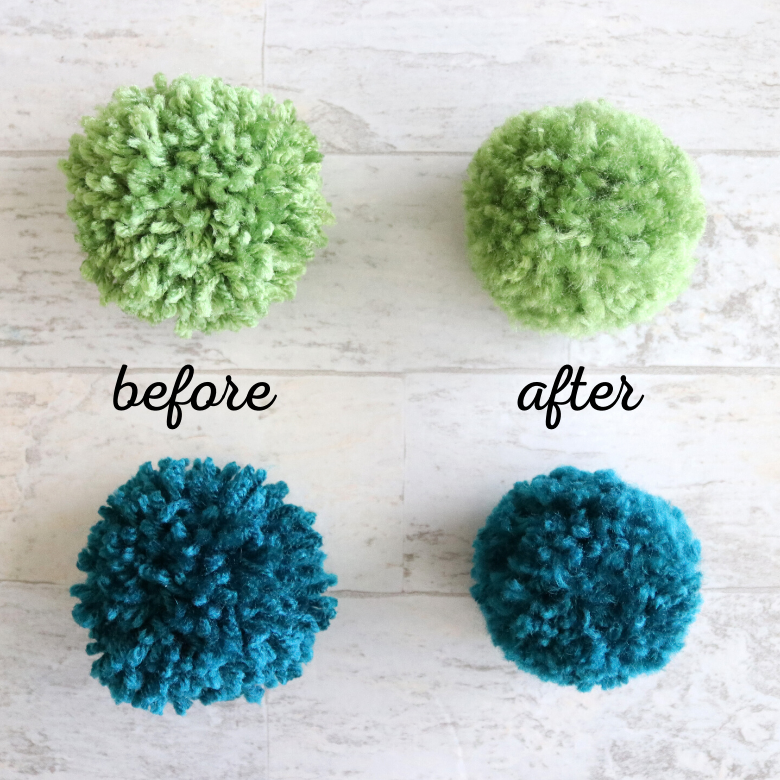 before and after the secret trick to fluffy pom poms