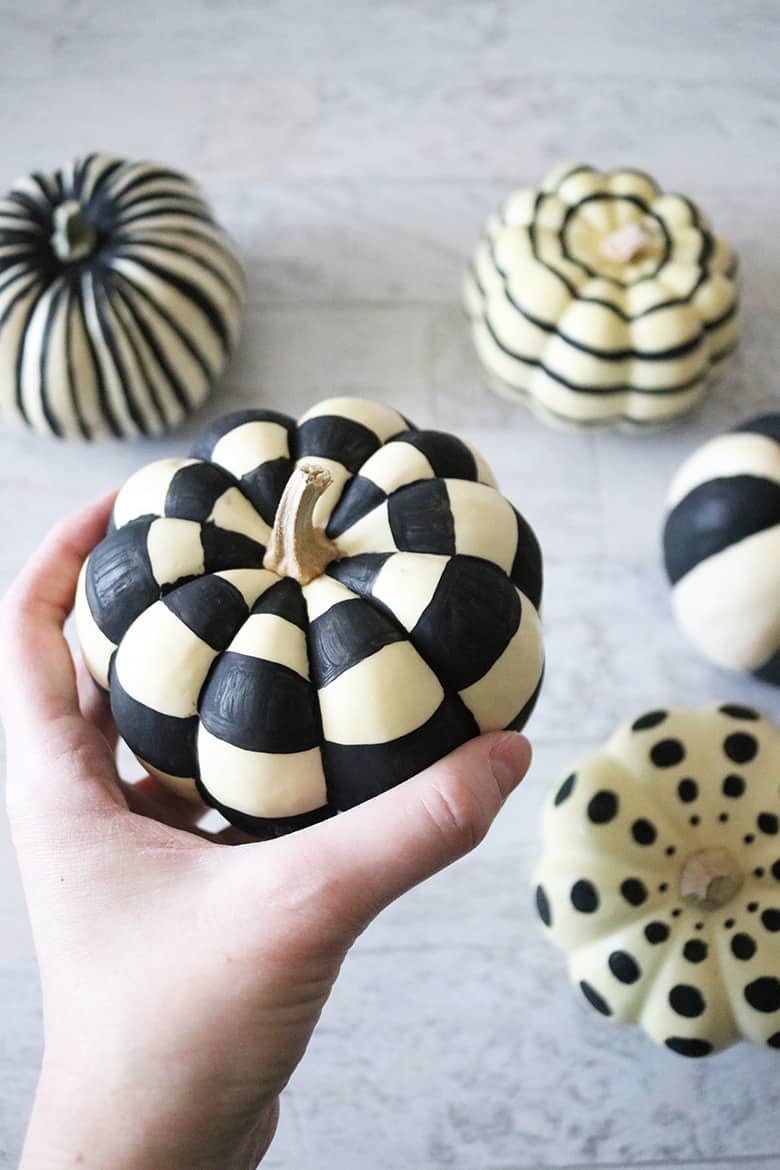 black and white painted pumpkins geometric designs