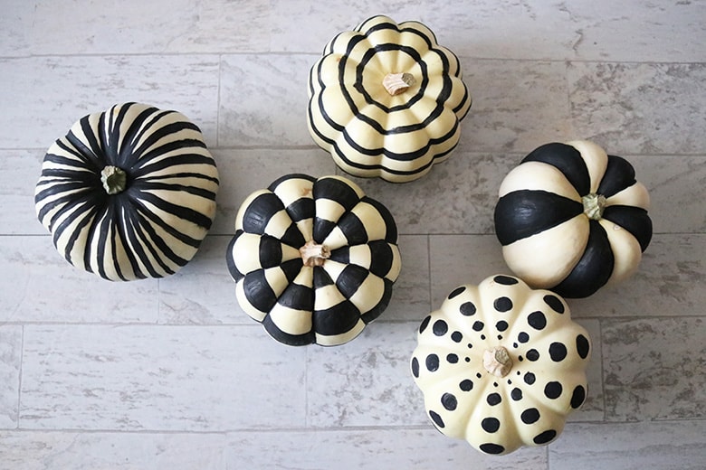 black and white painted pumpkins geometric designs