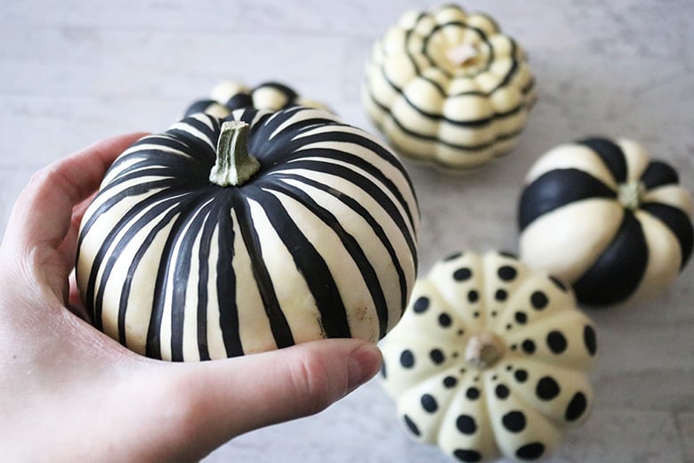 black and white painted pumpkins geometric designs