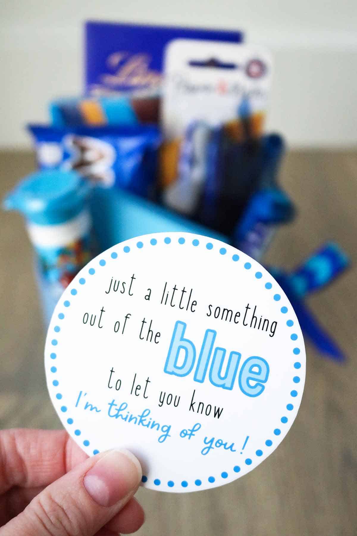 out of the blue thinking of you free printable gift tag, diy blue themed gift basket