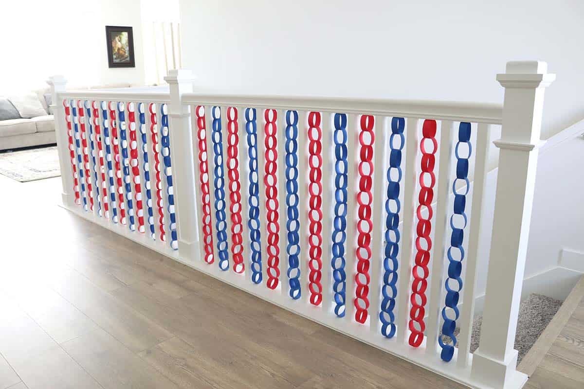 4th of July paper chain banister decorations red white and blue