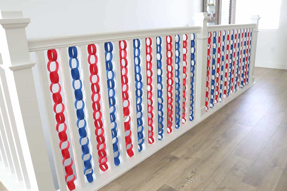 4th of July paper chain banister decorations red white and blue