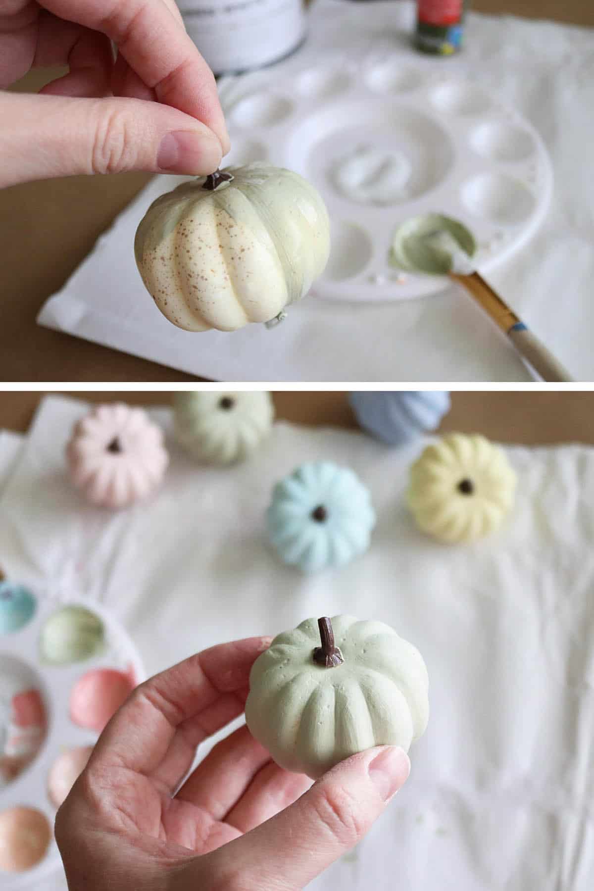 easy chalk painted dollar tree pumpkins pastel colors