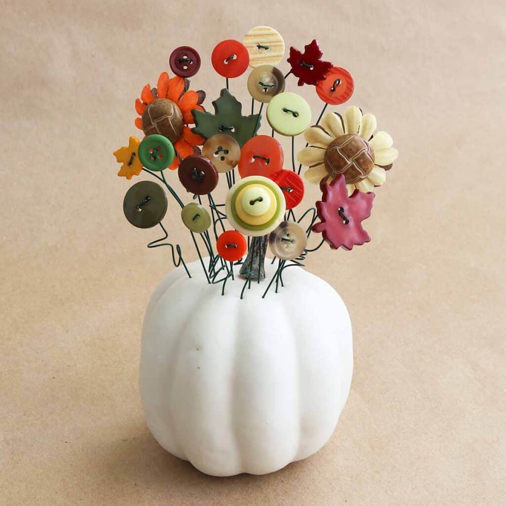 easy button bouquet in a foam pumpkin for fall