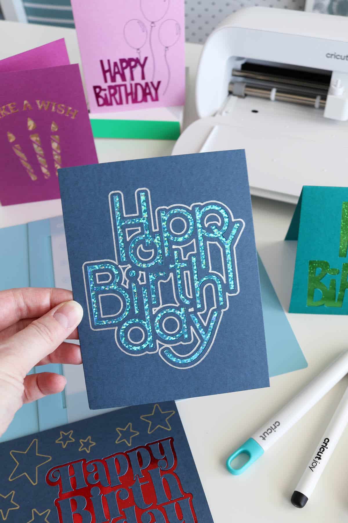 Cricut happy birthday cards made with card mat on Cricut Joy Xtra machine