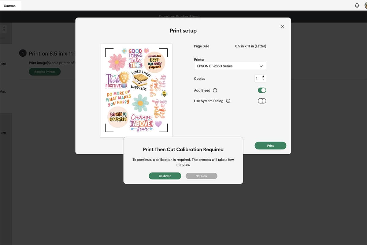 print then cut calibration notice message in Cricut Design Space for new Cricut Joy Xtra machine