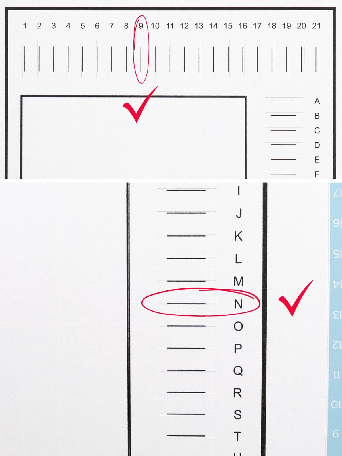 Cricut calibration sheet with cut lines, showing which line has been cut perfect and which number and letter to select when calibrating