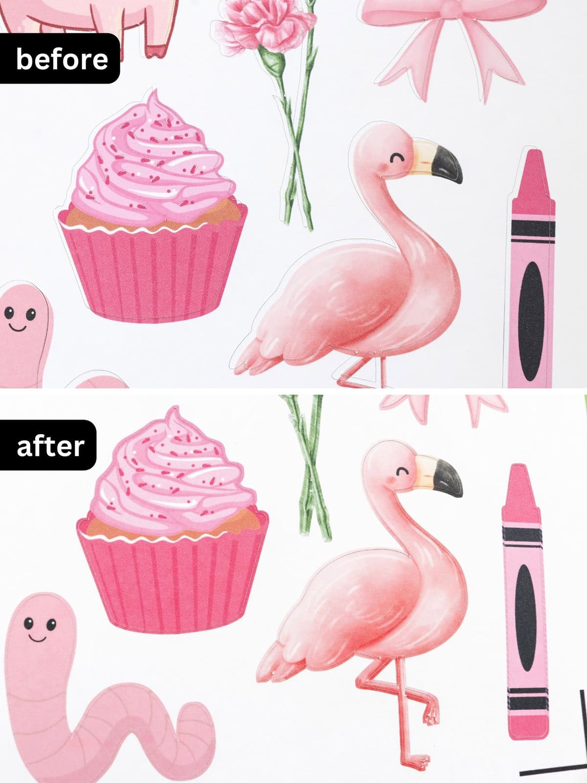 comparison of before and after Cricut calibration with Print Then Cut sheets
