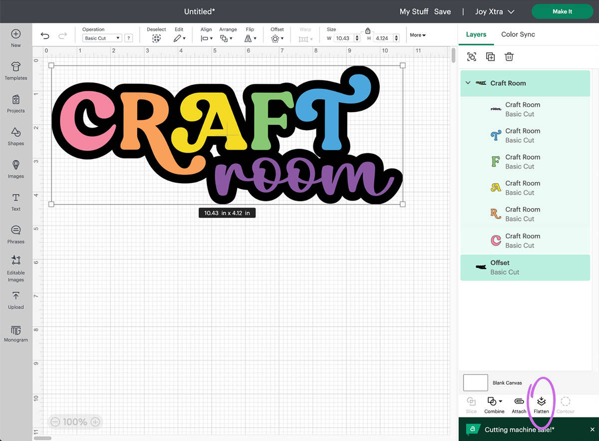 screenshot of how to create print then cut images in design space with flatten feature