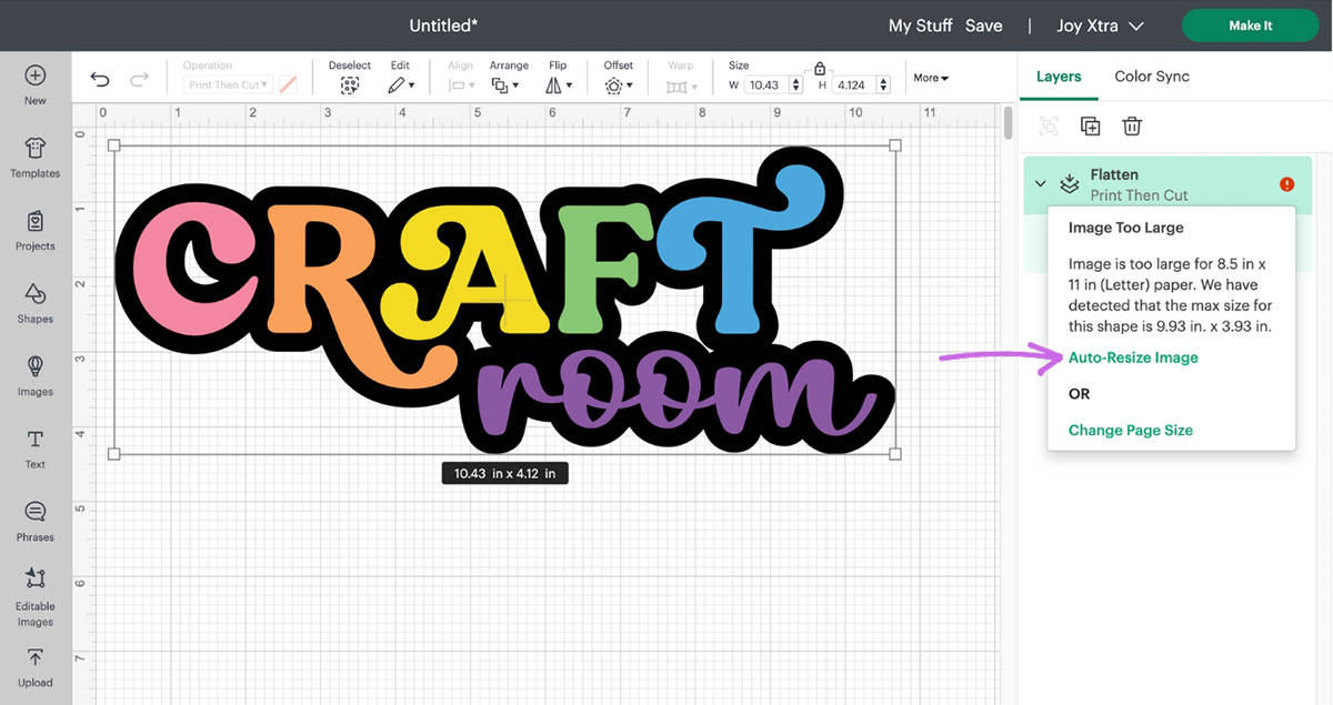 screenshot of how to create print then cut images in design space