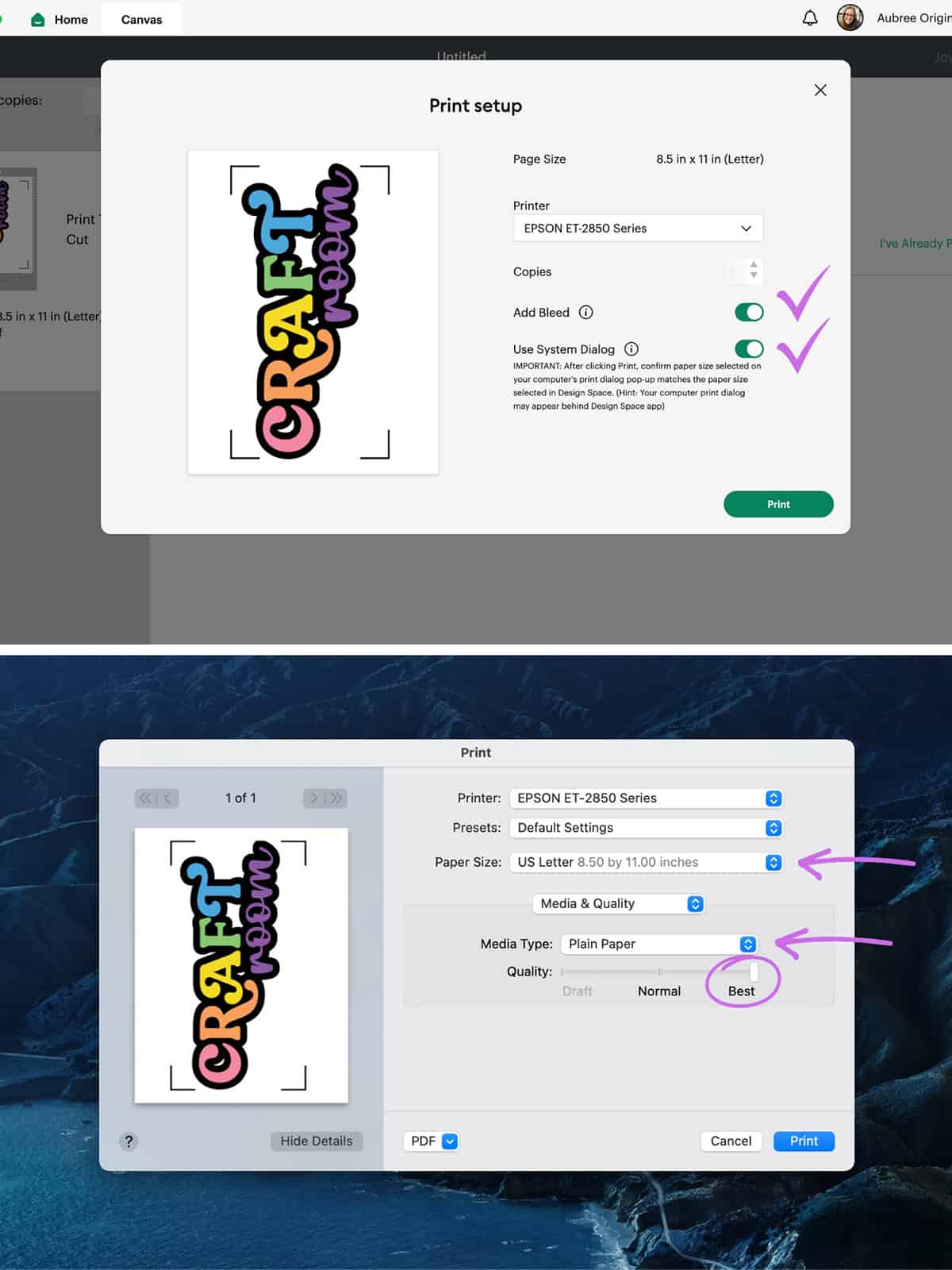 screenshot of print setup for Cricut print then cut