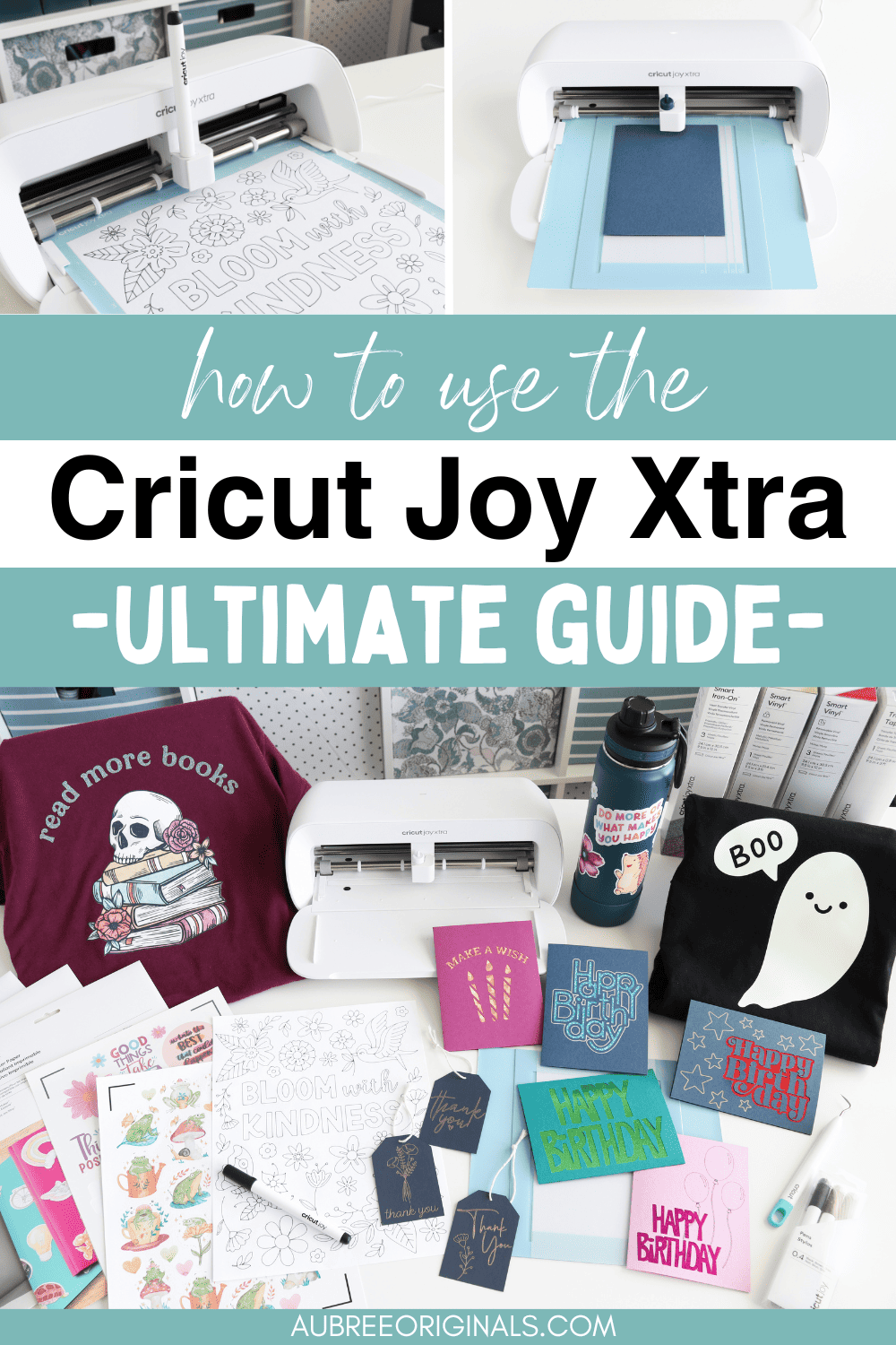 pinterest pin with inspiration for projects you can make with the Cricut Joy xtra: t-shirts, stickers, coloring pages, and cutaway cards