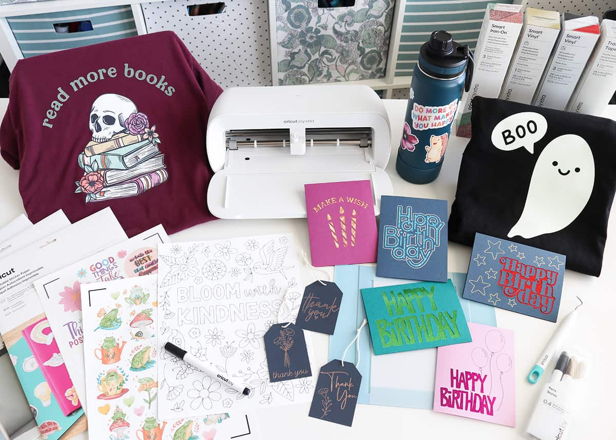 inspiration for projects you can make with the Cricut Joy xtra: t-shirts, stickers, coloring pages, and cutaway cards