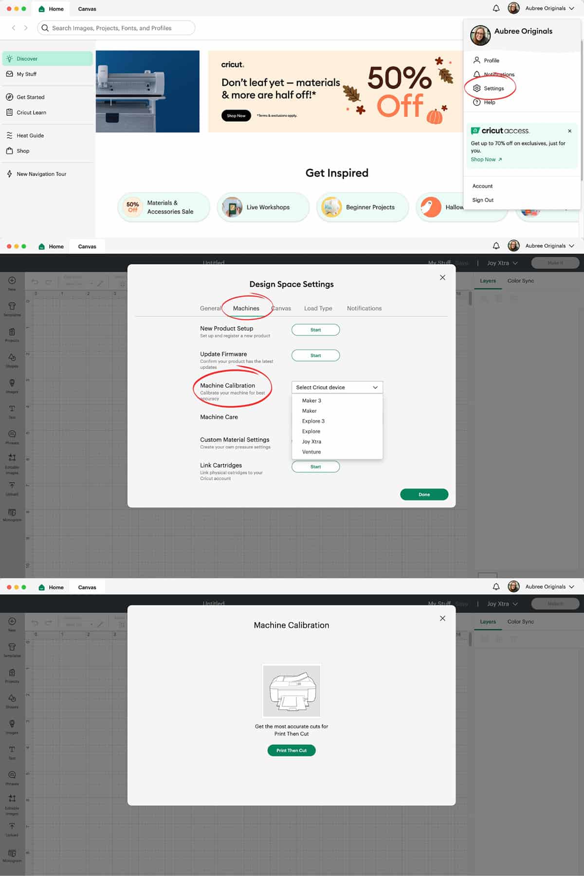 screenshots showing how to navigate to machine calibration from Cricut Design Space