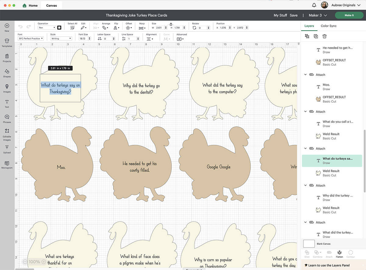 Cricut project thanksgiving place cards jokes on turkeys