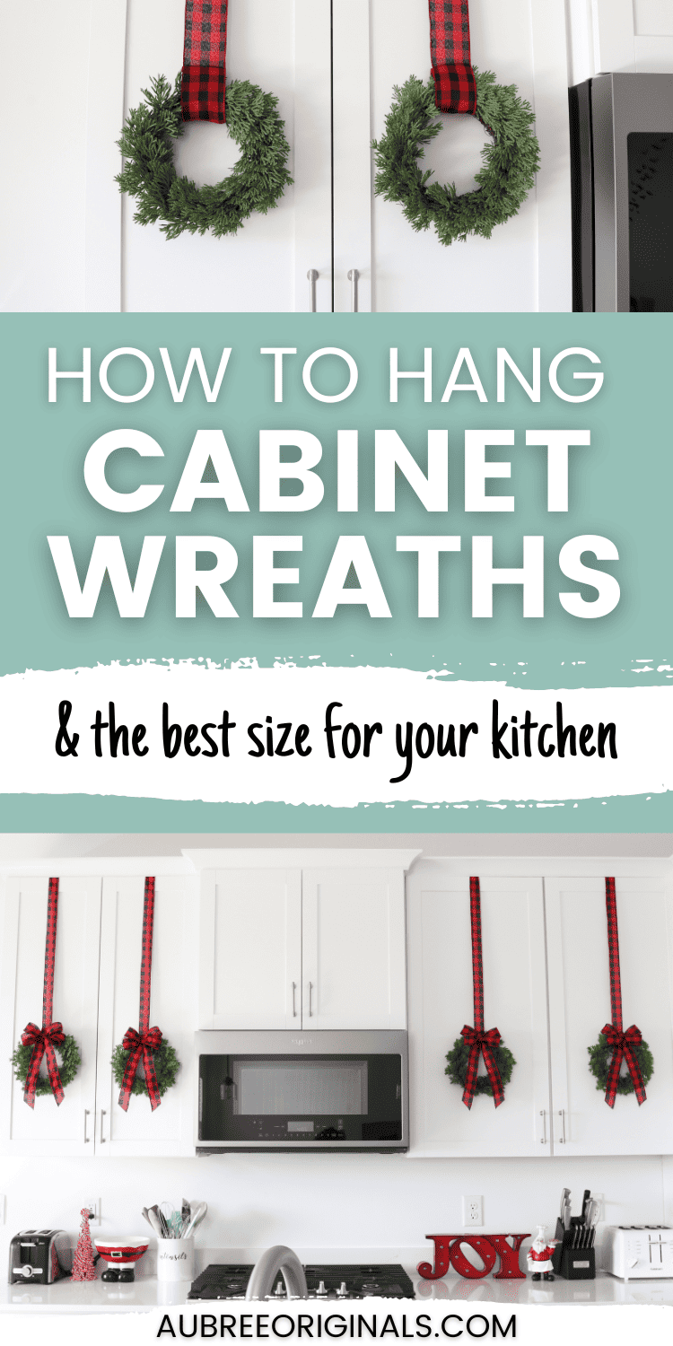 how to hang cabinet wreaths for Christmas Pinterest pin image