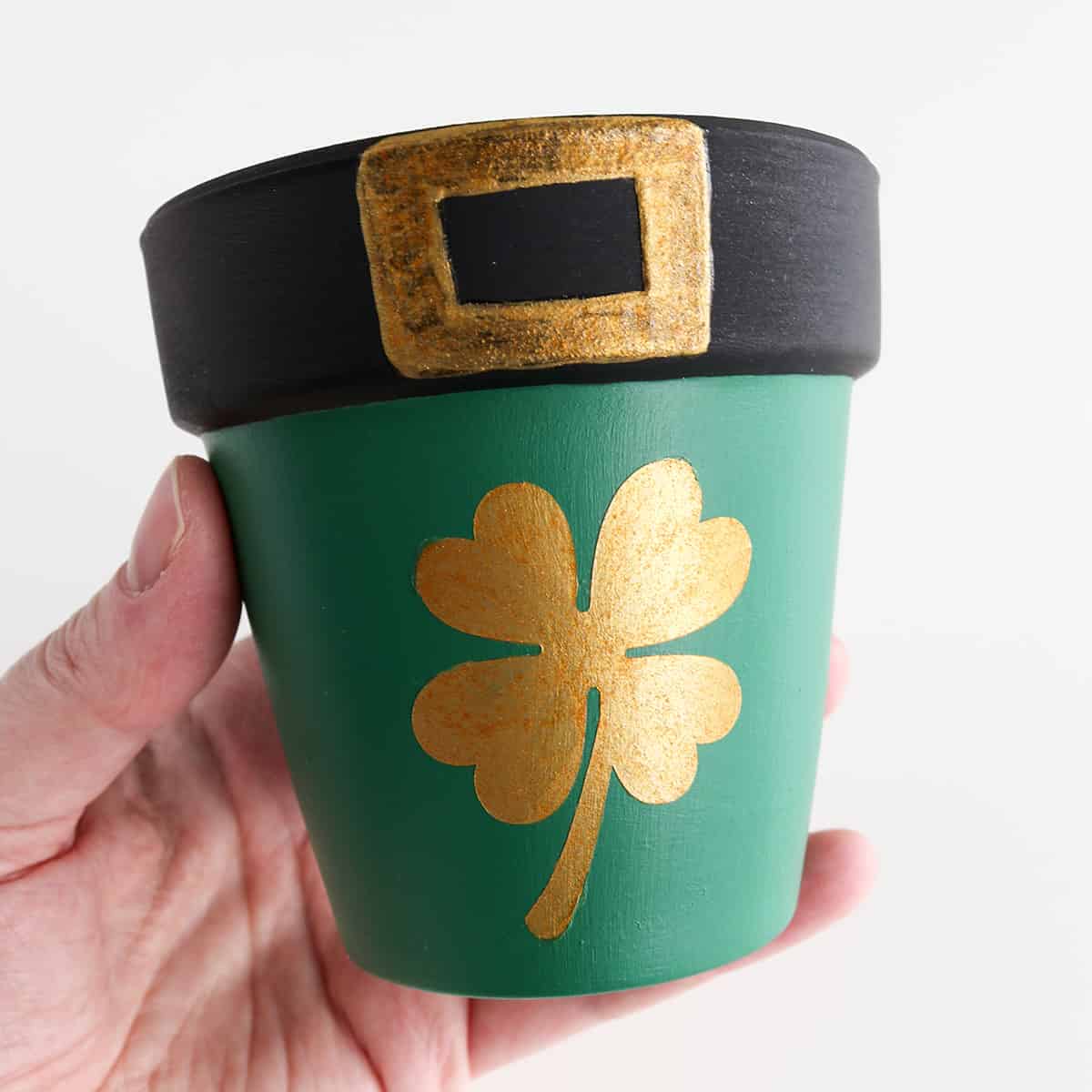 green leprechaun hat painted pot with gold shamrock