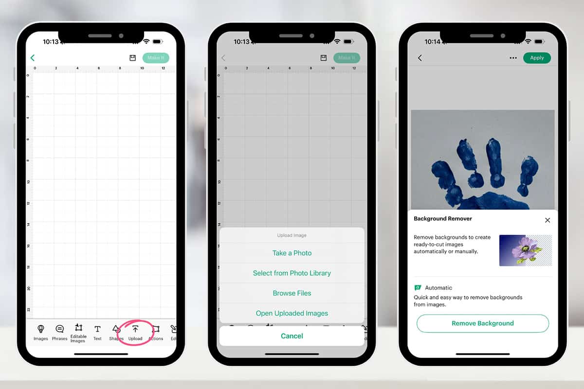 screenshots showing how to upload images to Cricut Design Space app on phone