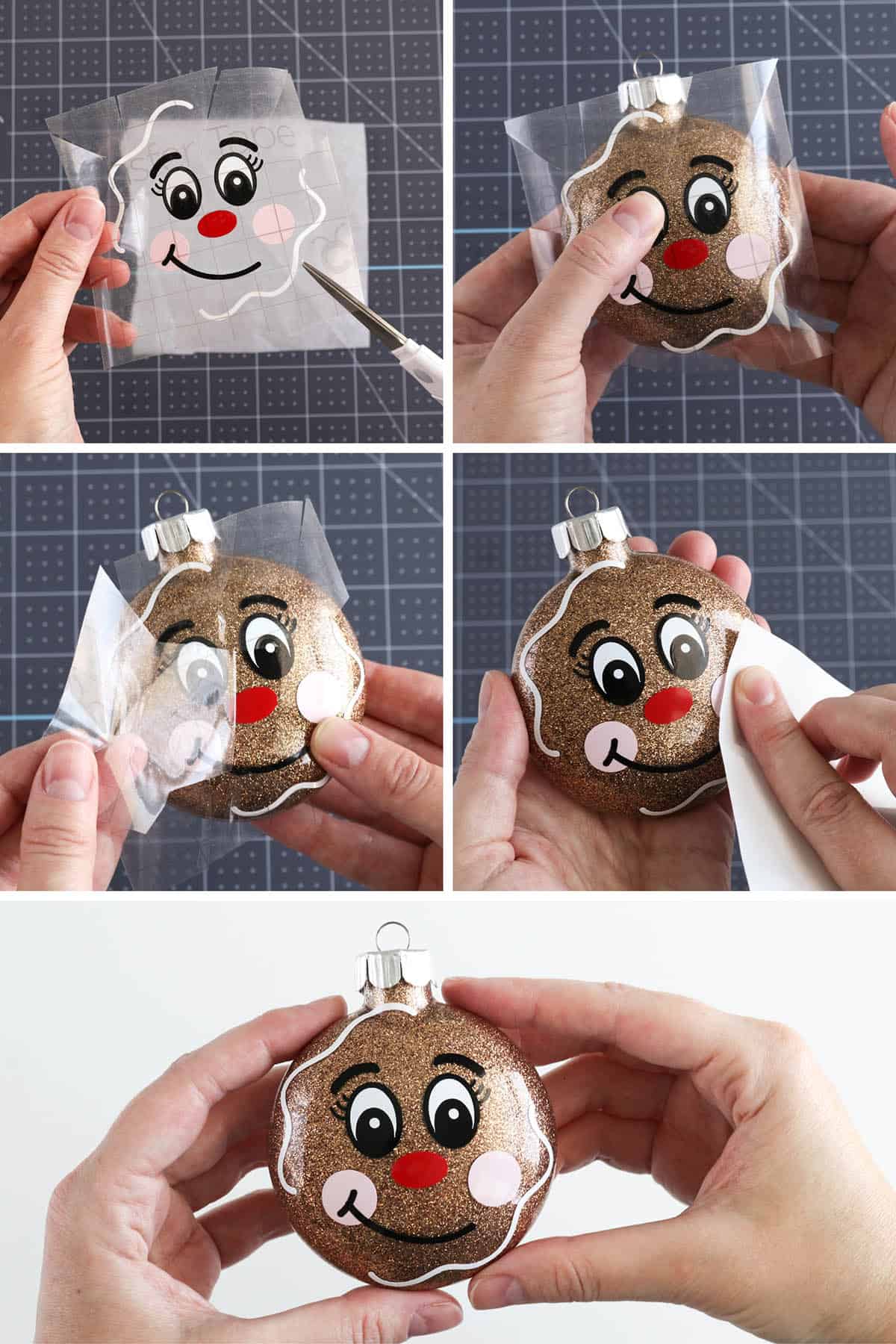 DIY gingerbread face ornament with glitter and Cricut vinyl