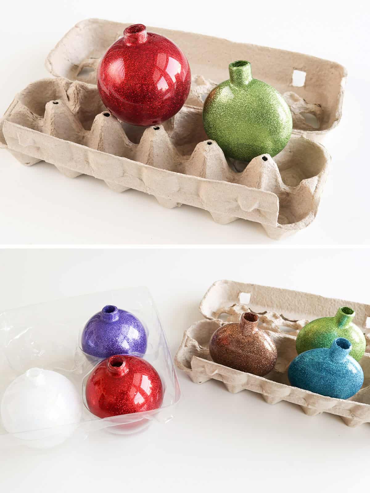 drying diy glitter ornaments in an egg carton
