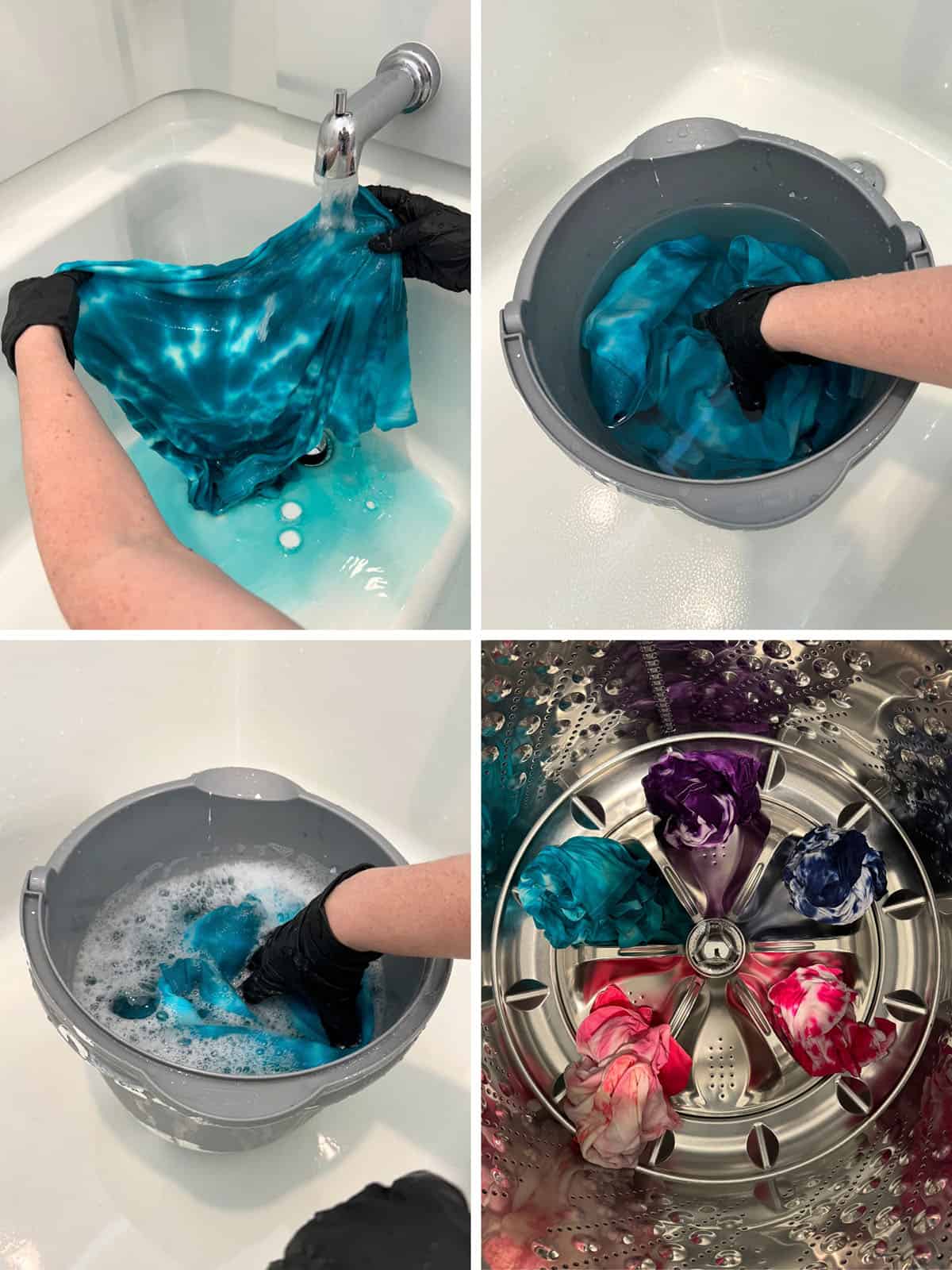 rinsing tie dye in the bathtub with bucket and dish soap