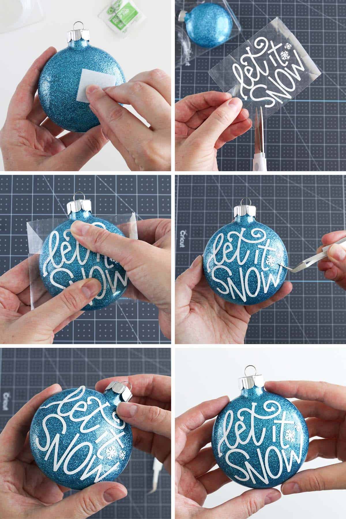 let it snow glitter ornament and how to apply vinyl to curved surface