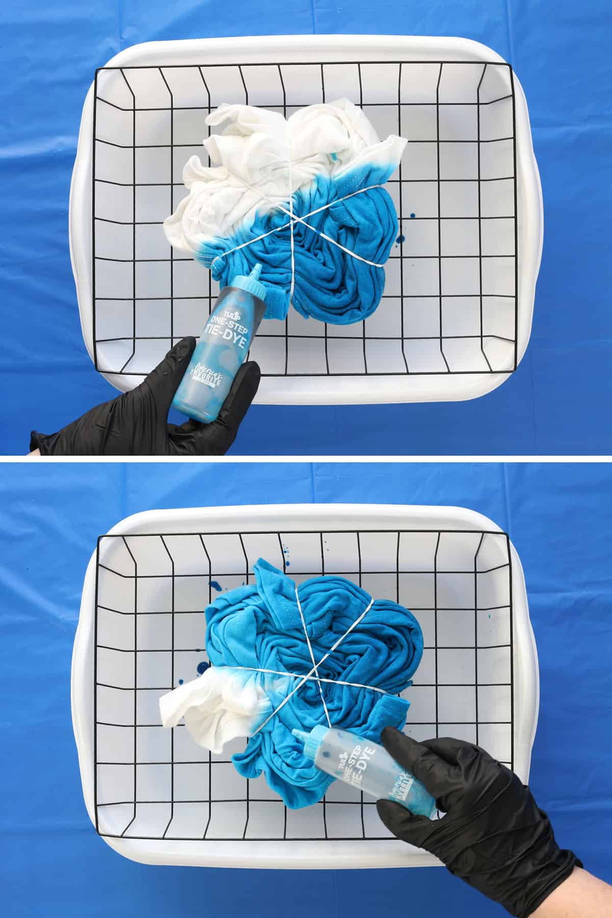 dying t-shirt with one color to form a monochrome ombre spiral