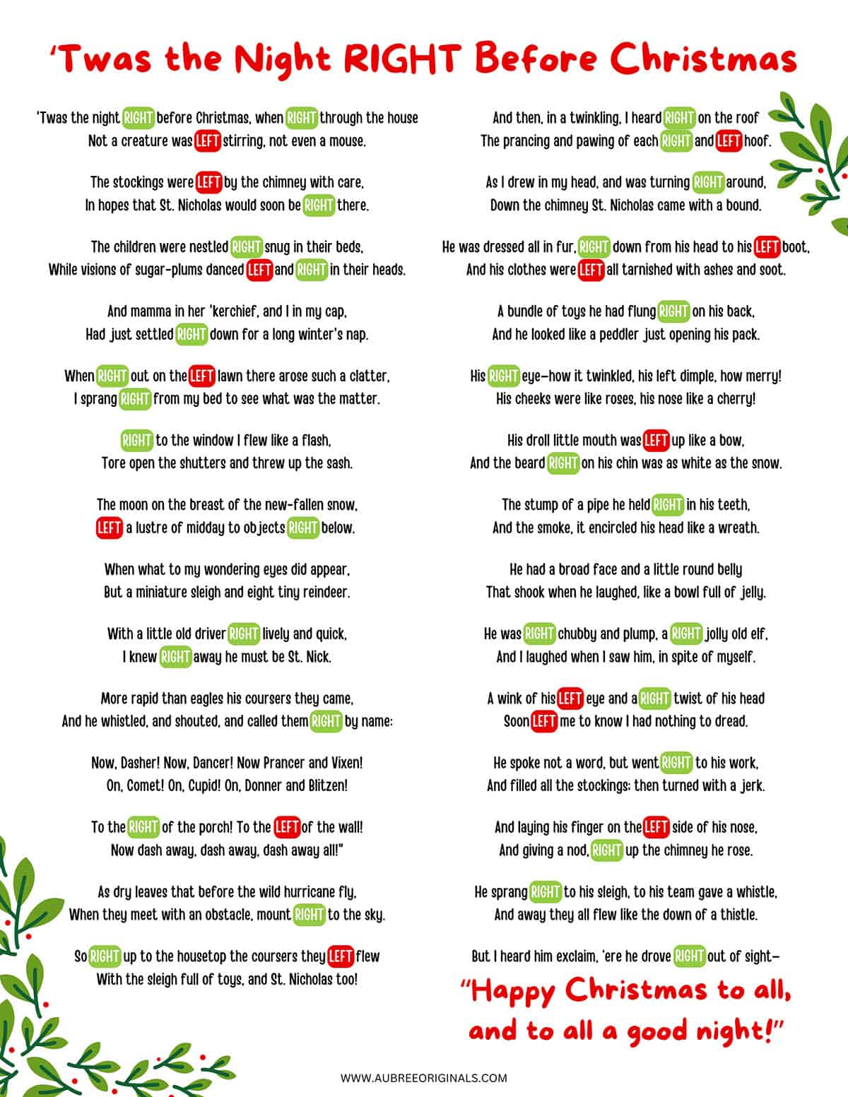 free printable left right Christmas game Twas the Night Before Christmas