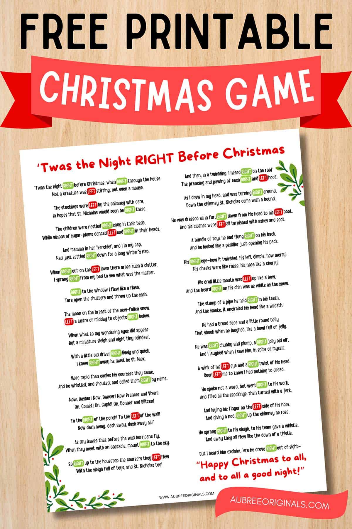 free printable right left Christmas game story 'Twas the Night Before Christmas