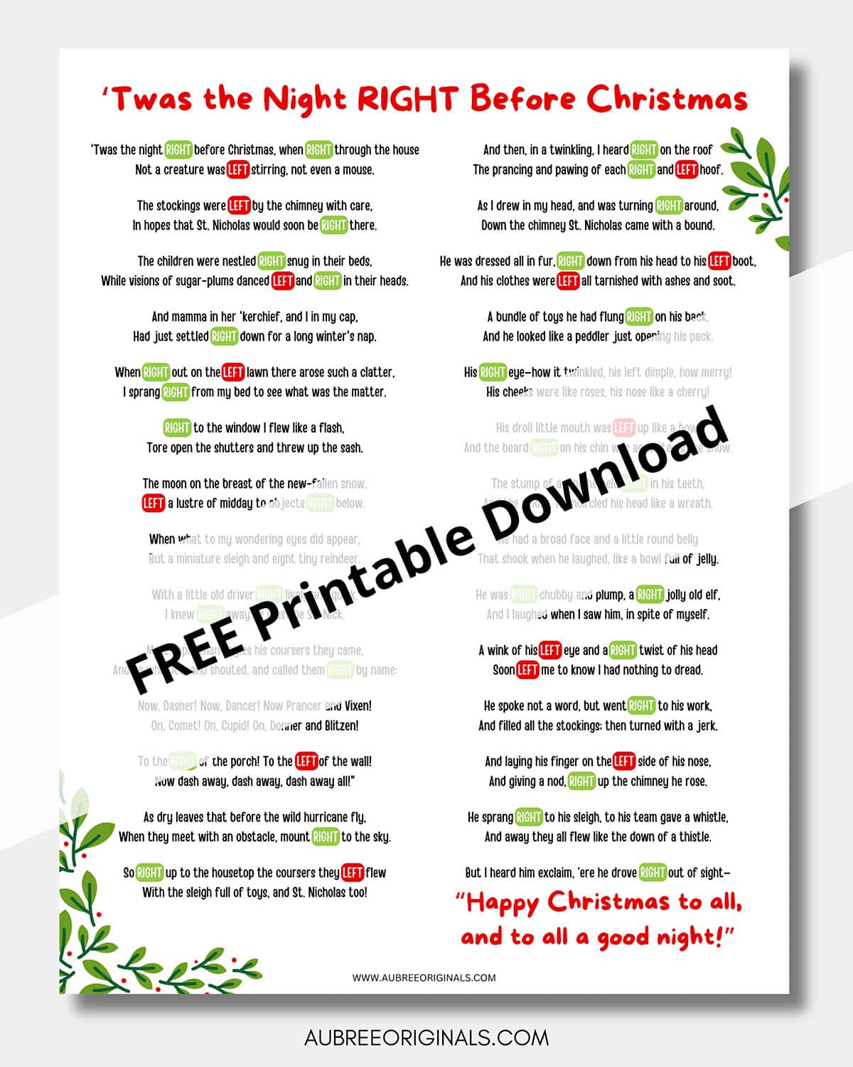 free printable right left Christmas game story 'Twas the Night Before Christmas