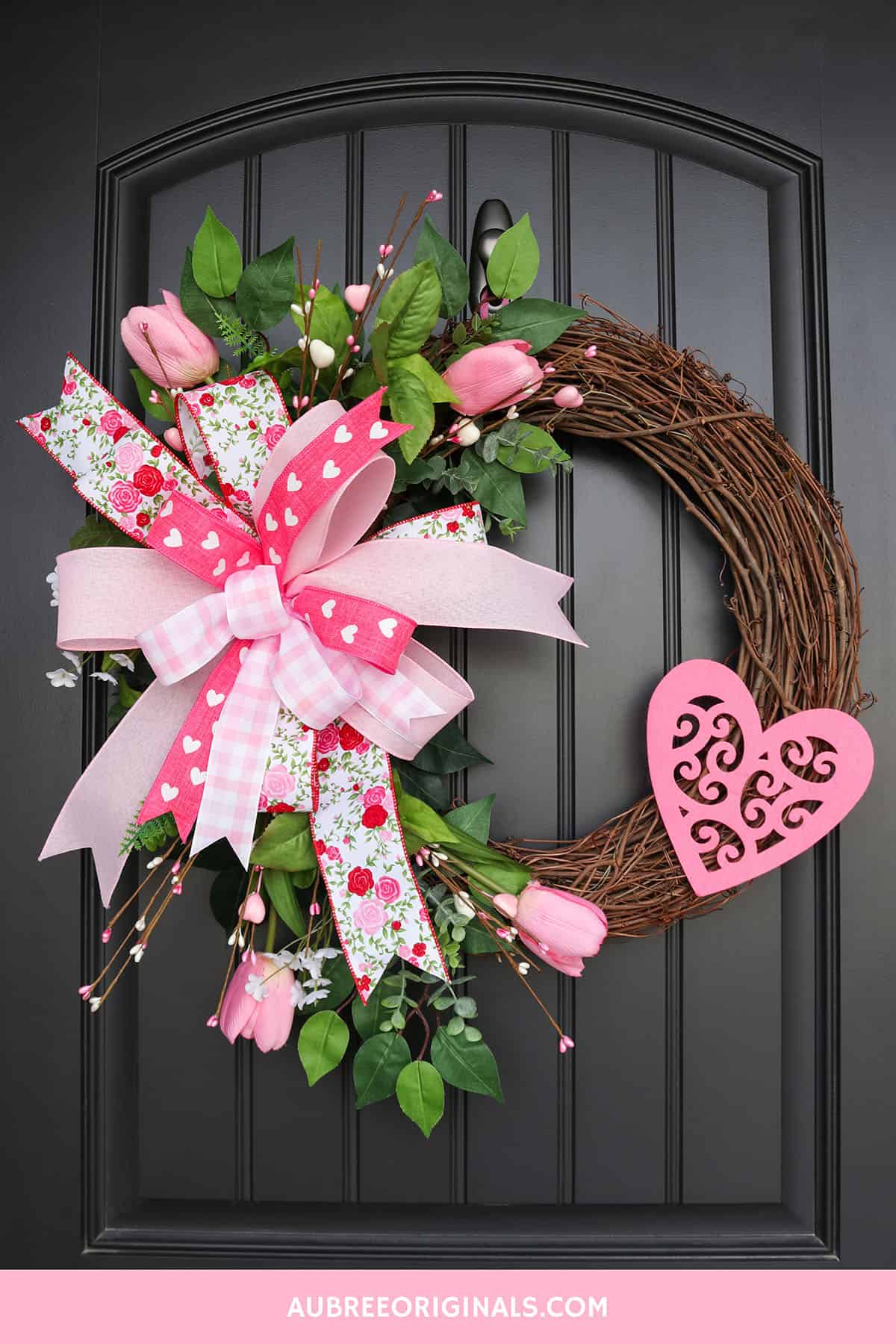diy floral valentine's day grapevine wreath with pink ribbon bow and tulips