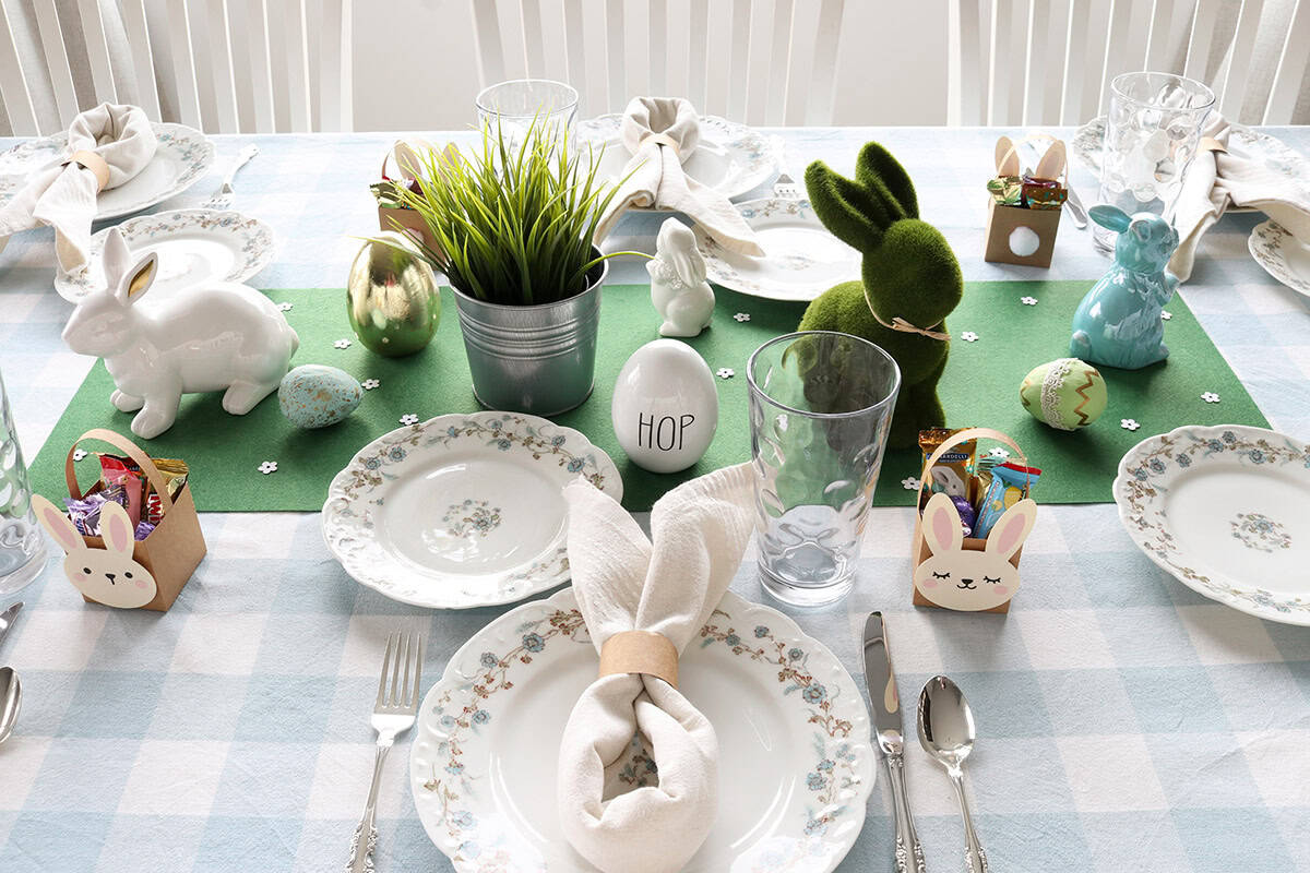 easy diy easter tablescape ideas, easter table with blue gingham tablecloth, limoges china, and bunny decorations