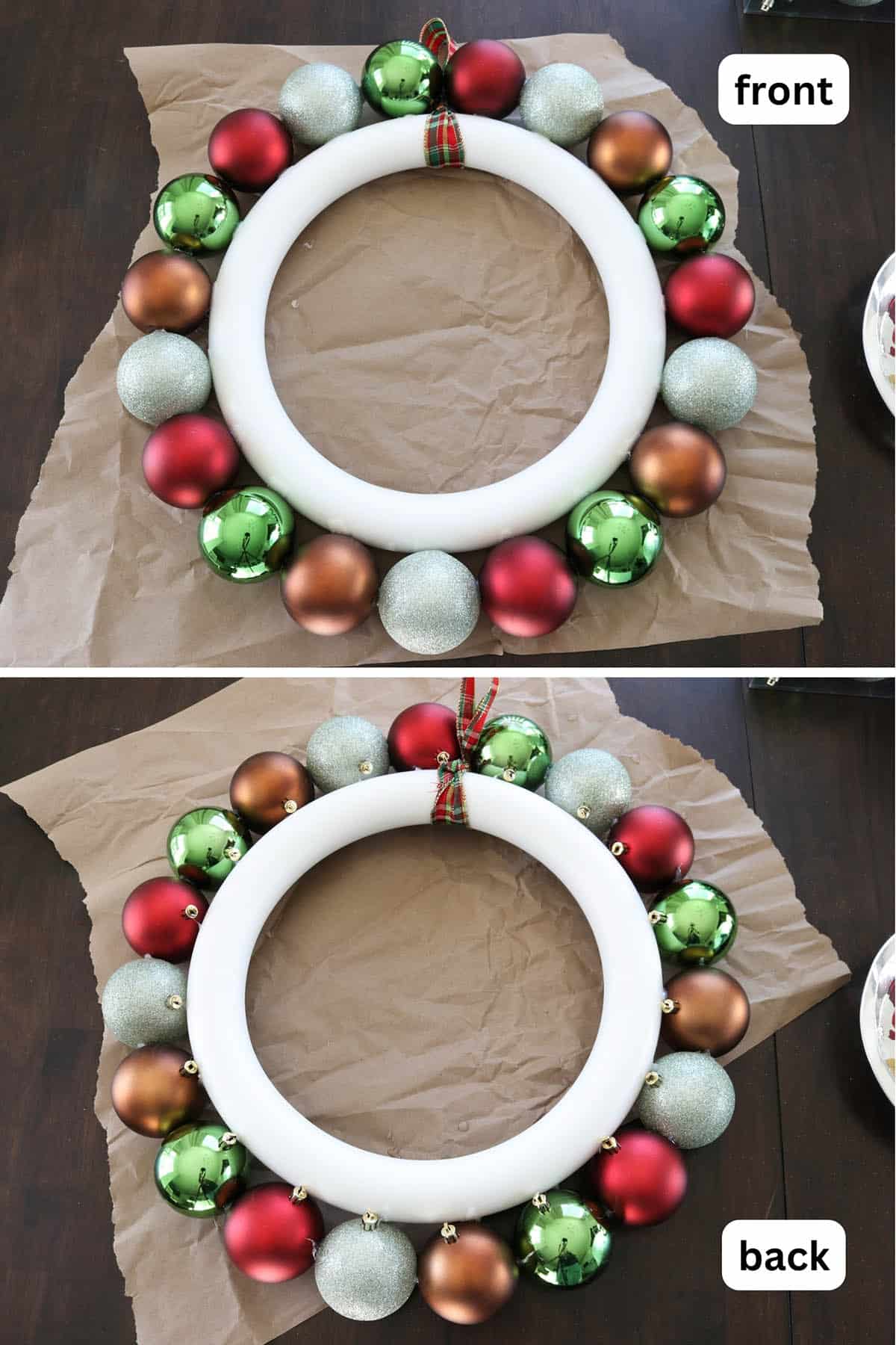 front and back of ornament wreath while making it in this diy tutorial