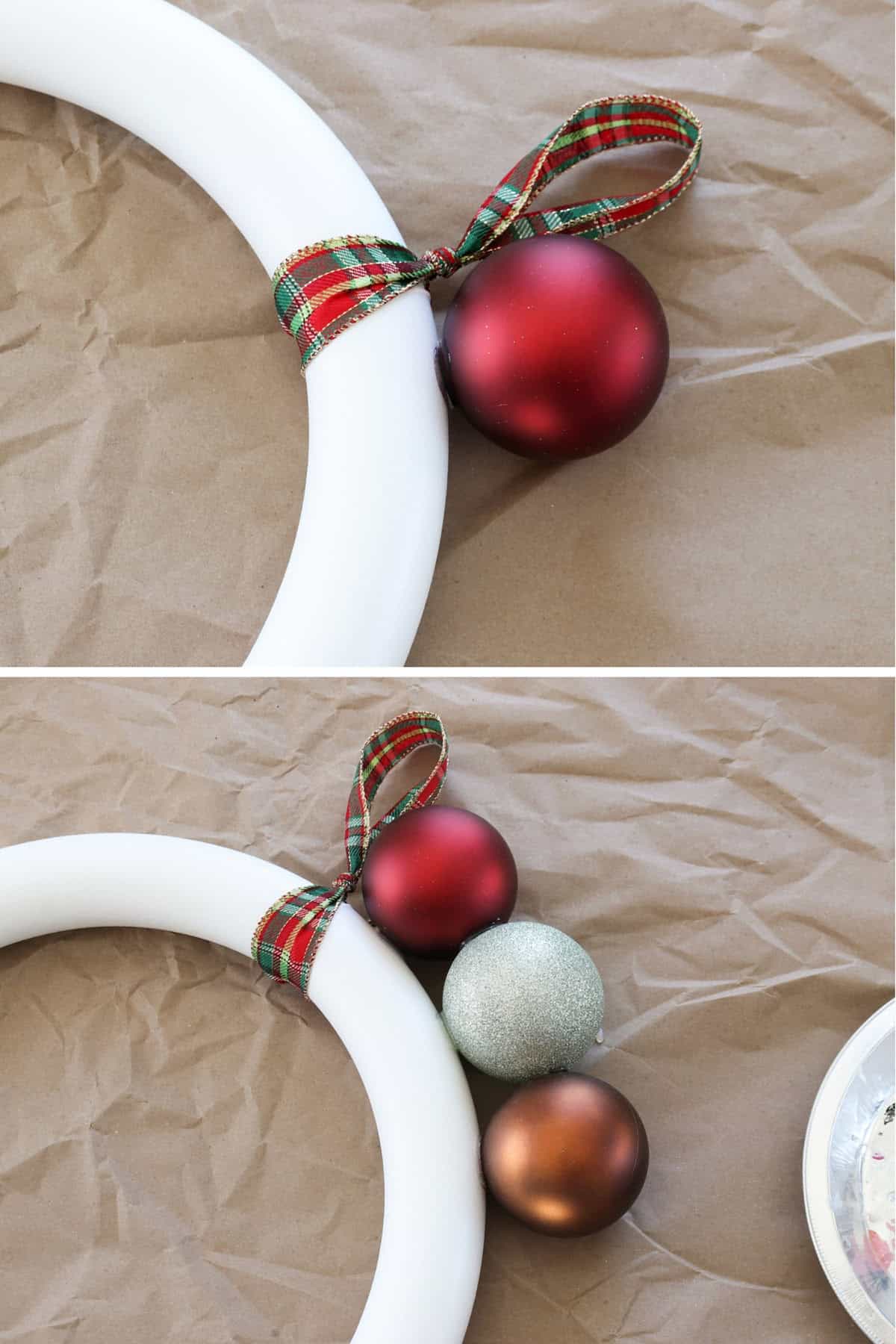 how to glue ornaments to foam wreath form for diy Christmas ornament wreath