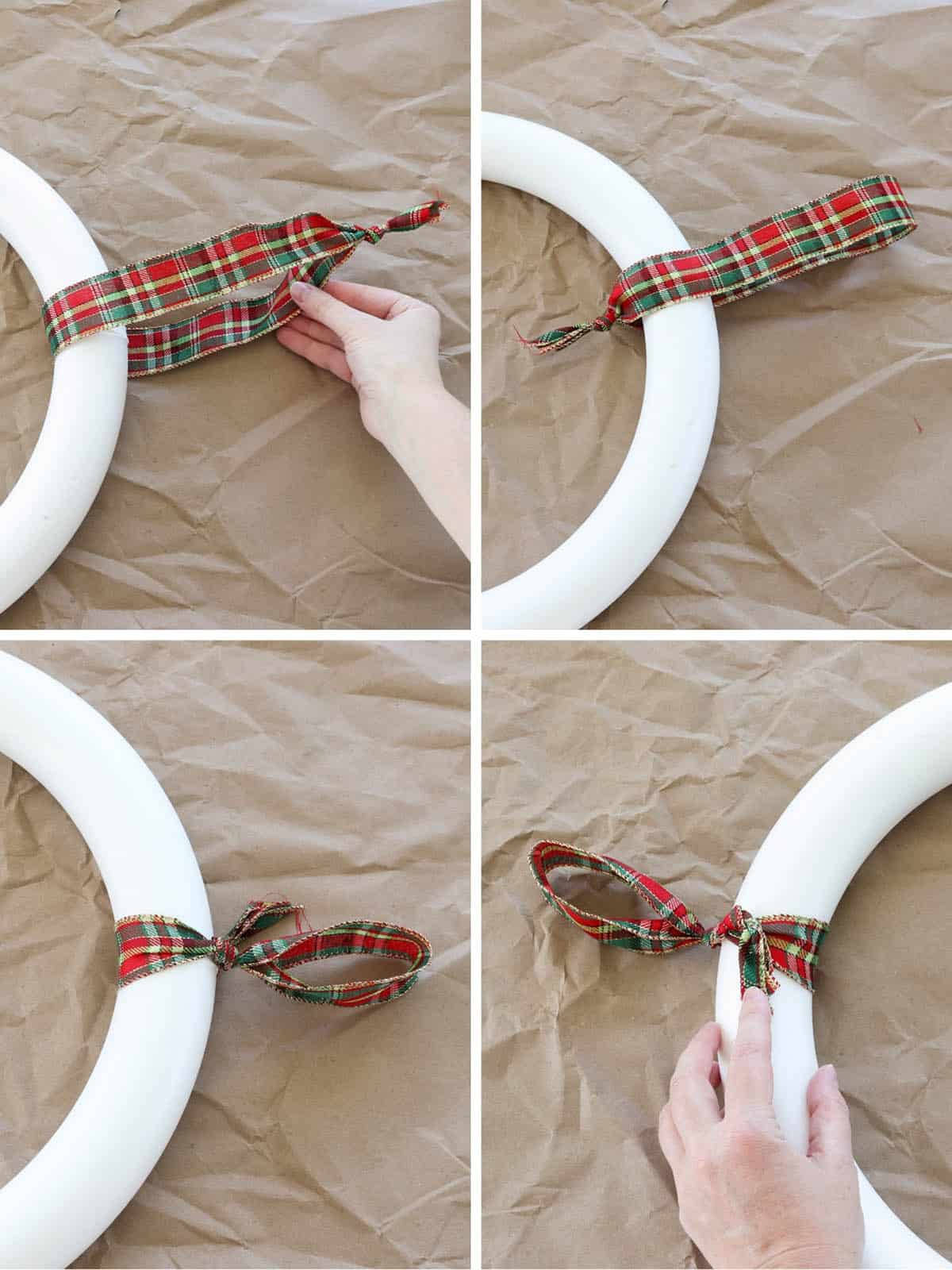 collage image showing how to tie ribbon wreath hanger onto foam wreath form in a diy ornament wreath tutorial