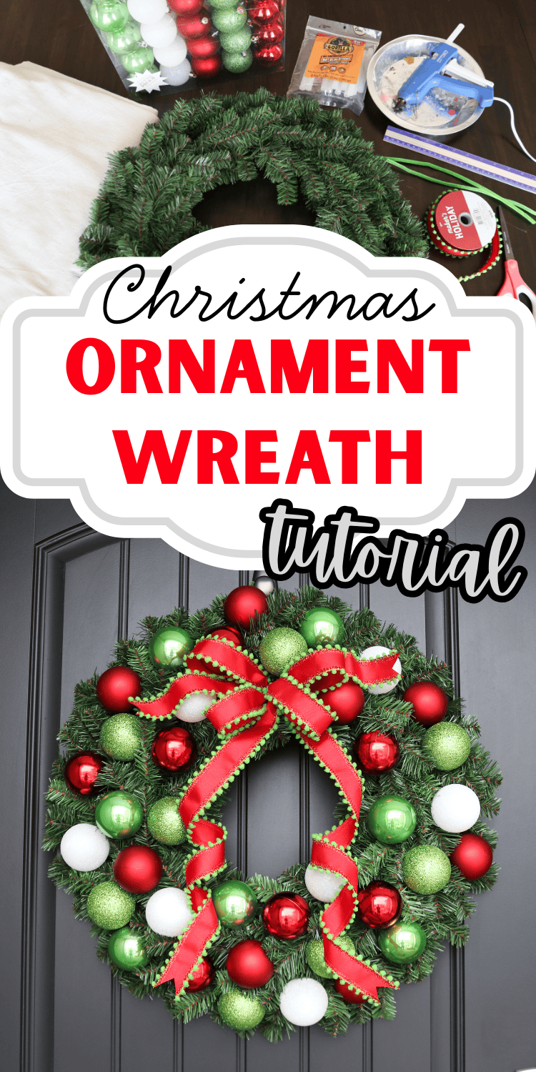diy Christmas ornament wreath tutorial with evergreen pine fir wreath form and Christmas balls