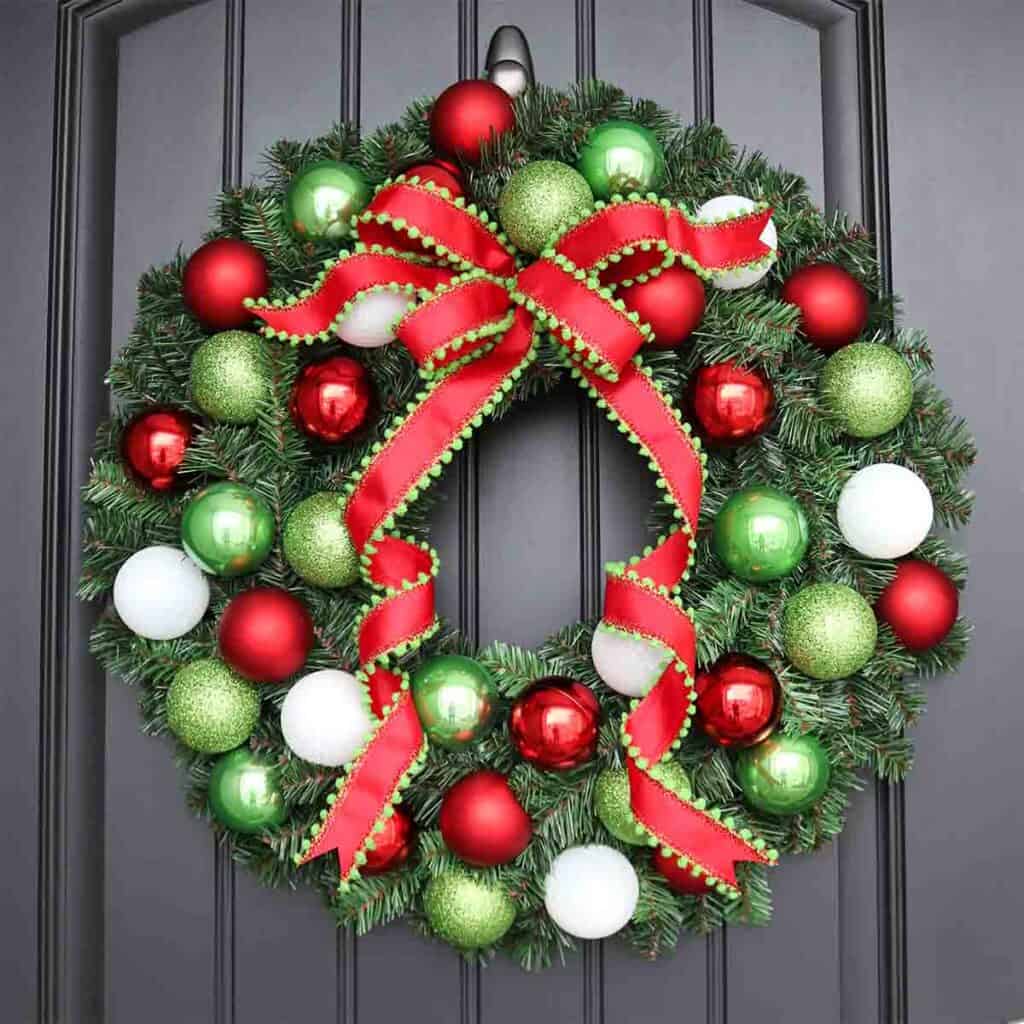 diy Christmas ornament wreath with ribbon bow